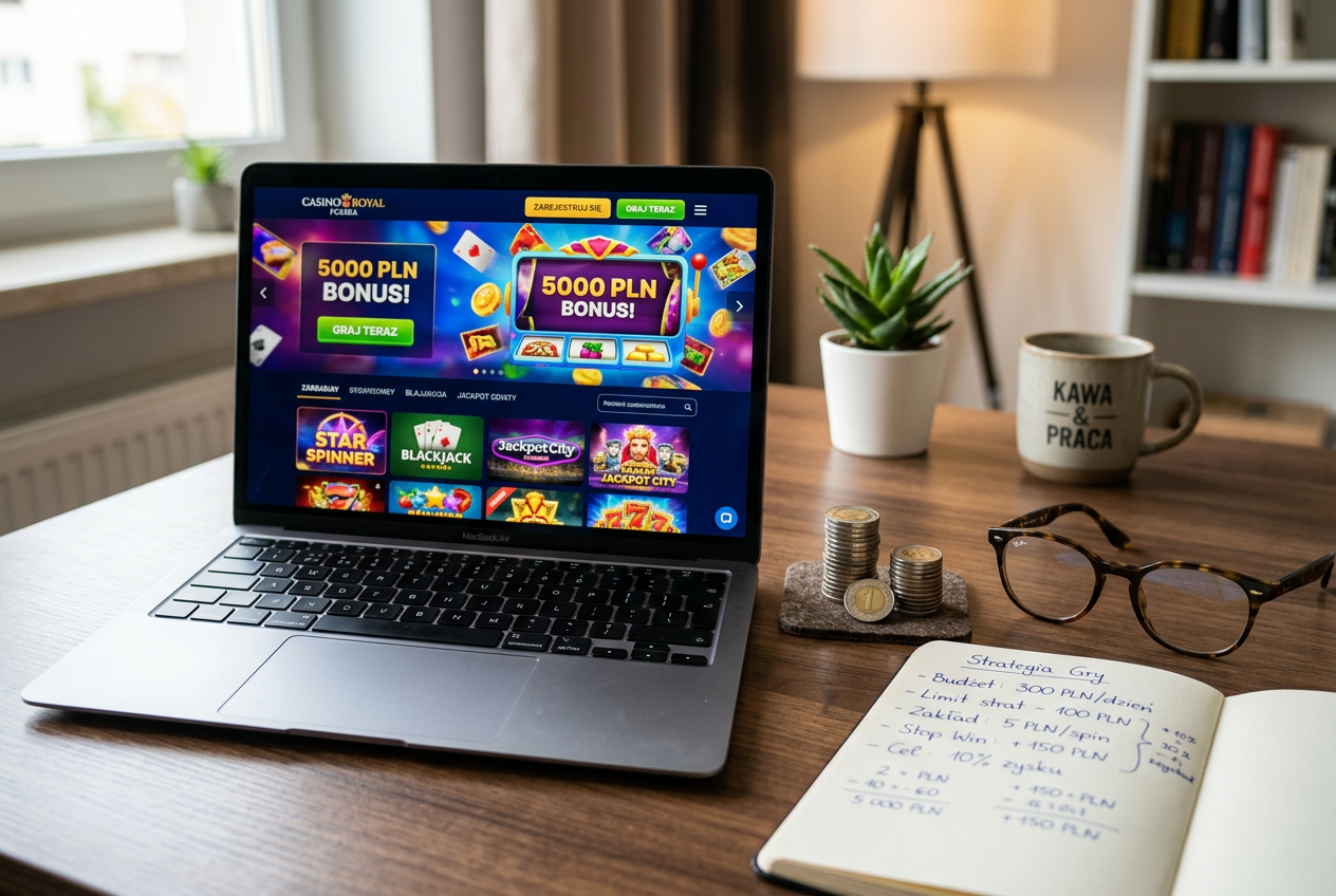 A laptop showing a casino interface next to a small stack of coins and a notepad.